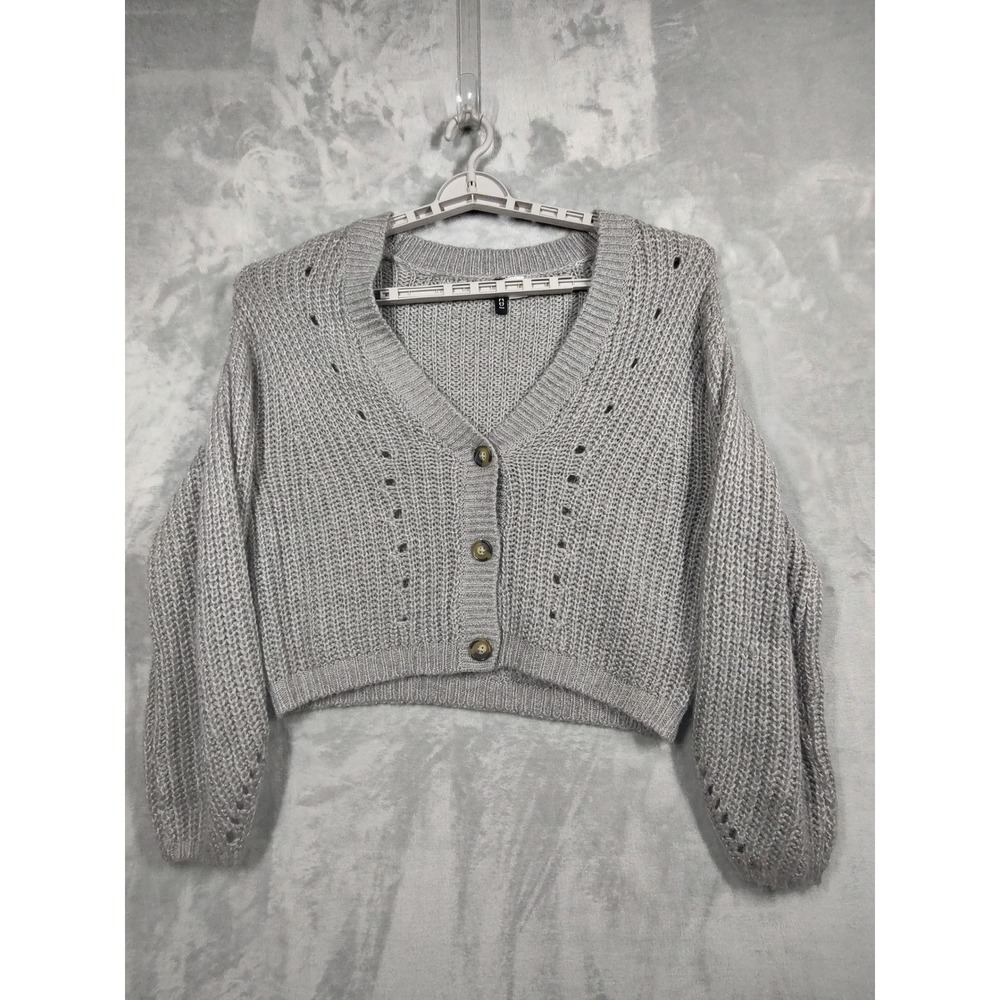 H&M Divided Gray Cropped Chunky Knit Pointelle Cardigan Sweater Womens XS